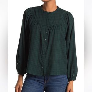 Madewell green plaid balloon sleeve top sz Small NWT loose flowy cotton blouse